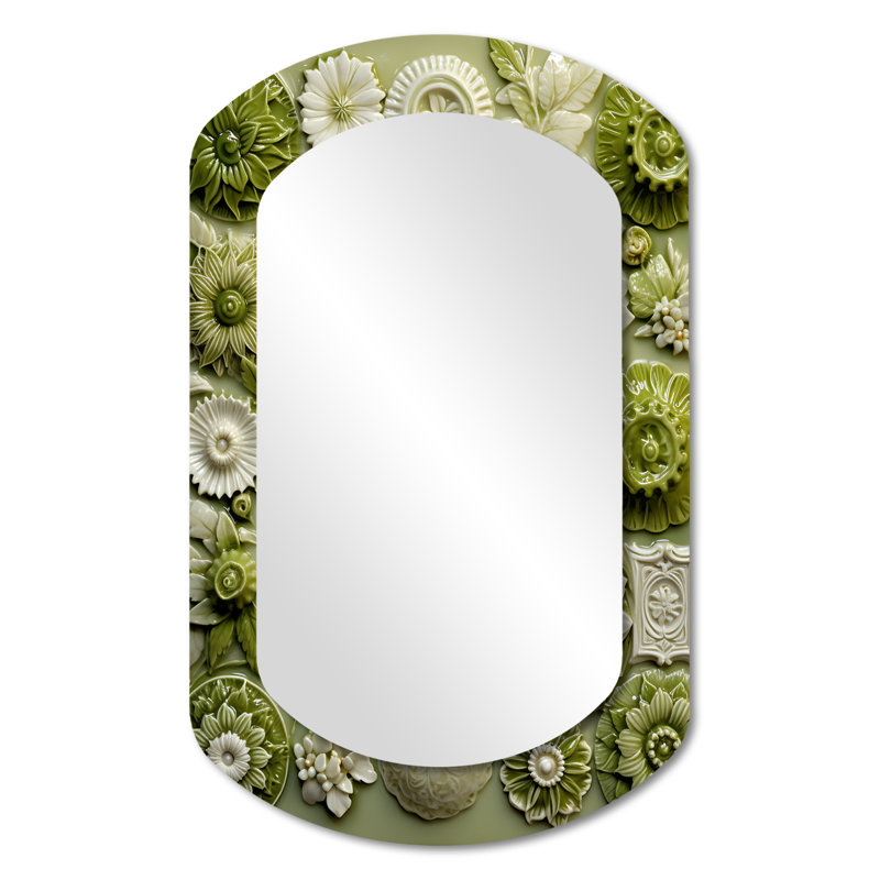 Botanicals Green Floral Tiles I - Abstract Botanicals 3D Shapes Irregular Modern Large Wall Mirror, 31" x 19"