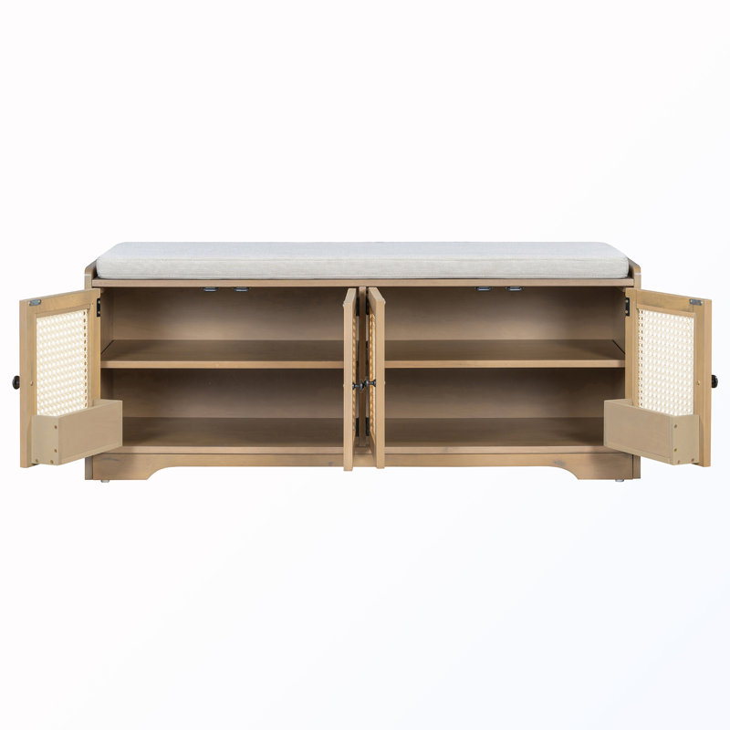 Banc à chaussures en rotin avec coussin amovible et tablettes réglables, Brown