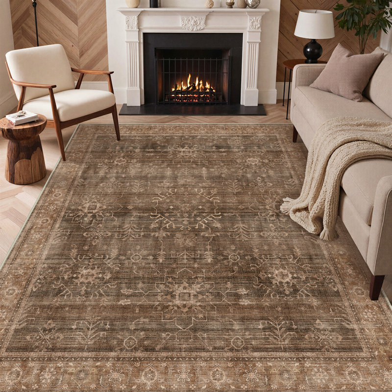Oriental Geometric Machine Washable Non-Slip Chestnut Indoor Area Rug, Rectangle 5' x 7', Brown