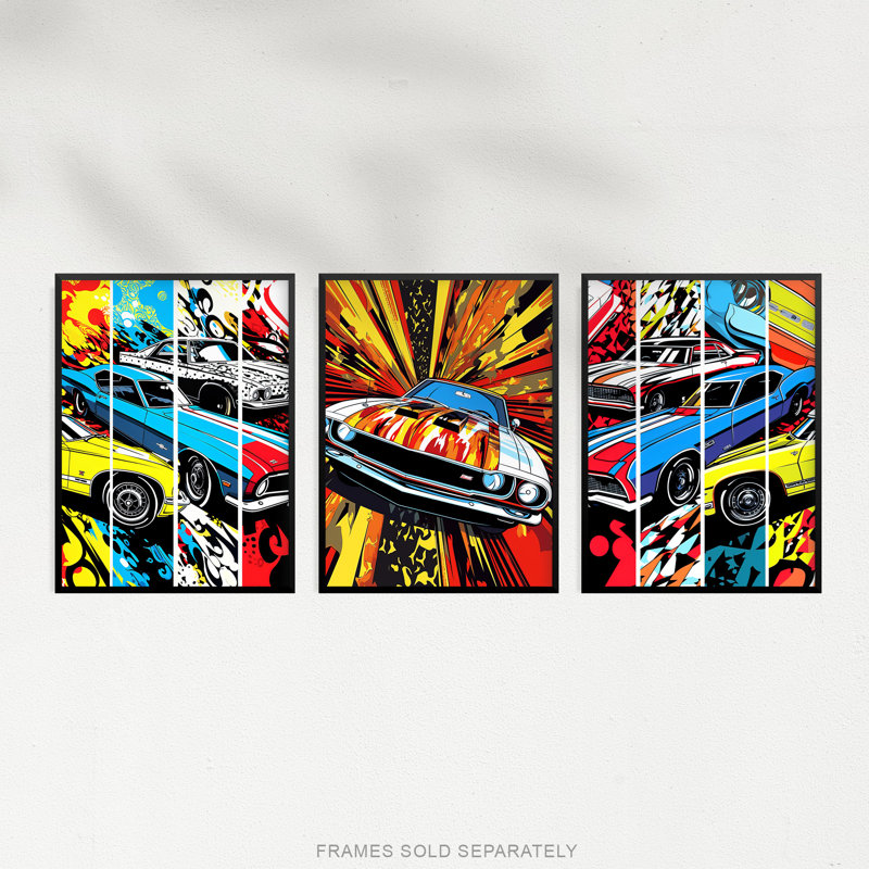 Vibrant Muscle Sports Cars Comic Strip Artworks Bright - 3 Piece No Frame Print Set, 29.7cm H x 21cm W x 0.4cm D