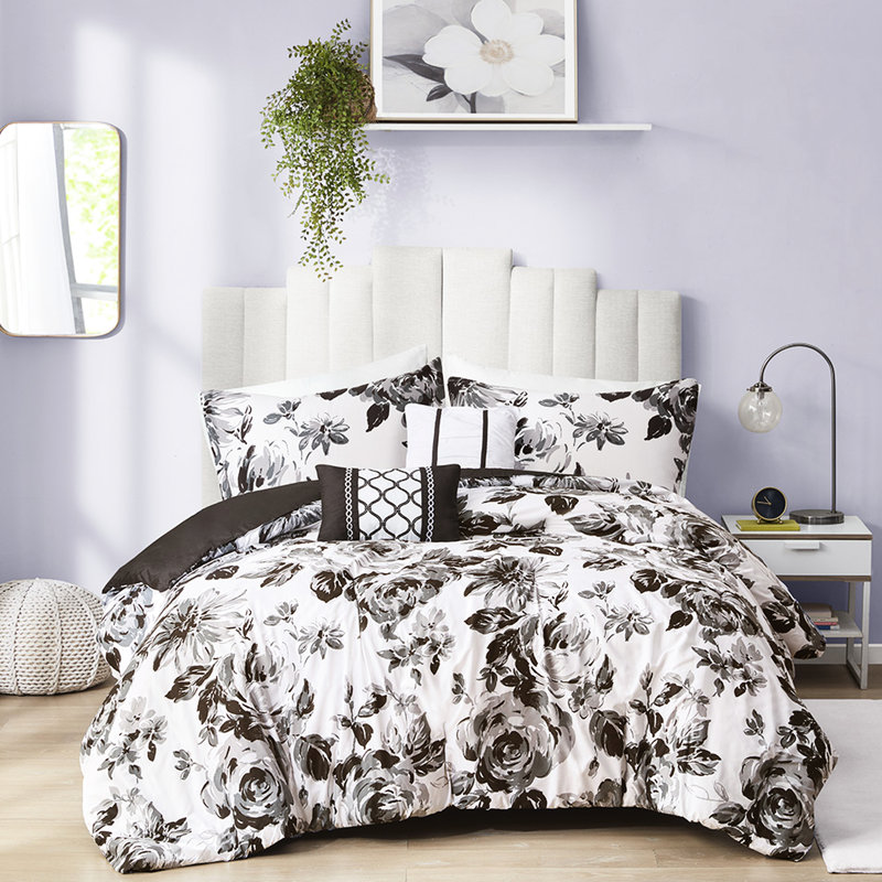 Édredon pour lit double / grand ultra doux à motif floral noir et blanc, 2 taies décoratives, coussins décoratifs, impression pleine grandeur lavable à la machine avec tissu, décoratif