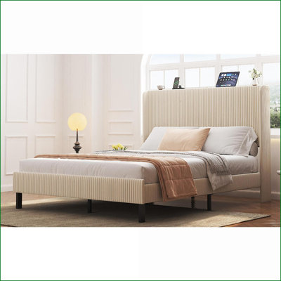 Full Size Sturdy Metal Platform Bed Frame - Noise Free, No Box Spring Needed, Beige with Charging Station for Bedroom