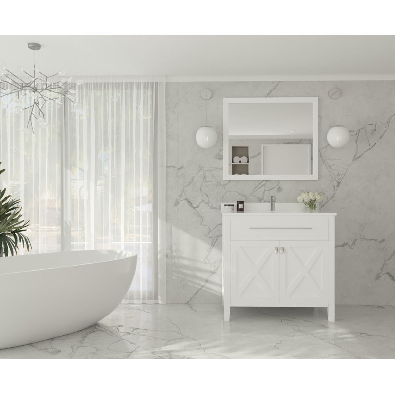 Pyles 36'' Single Bathroom Vanity with Solid Surface Top, White, White Quartz