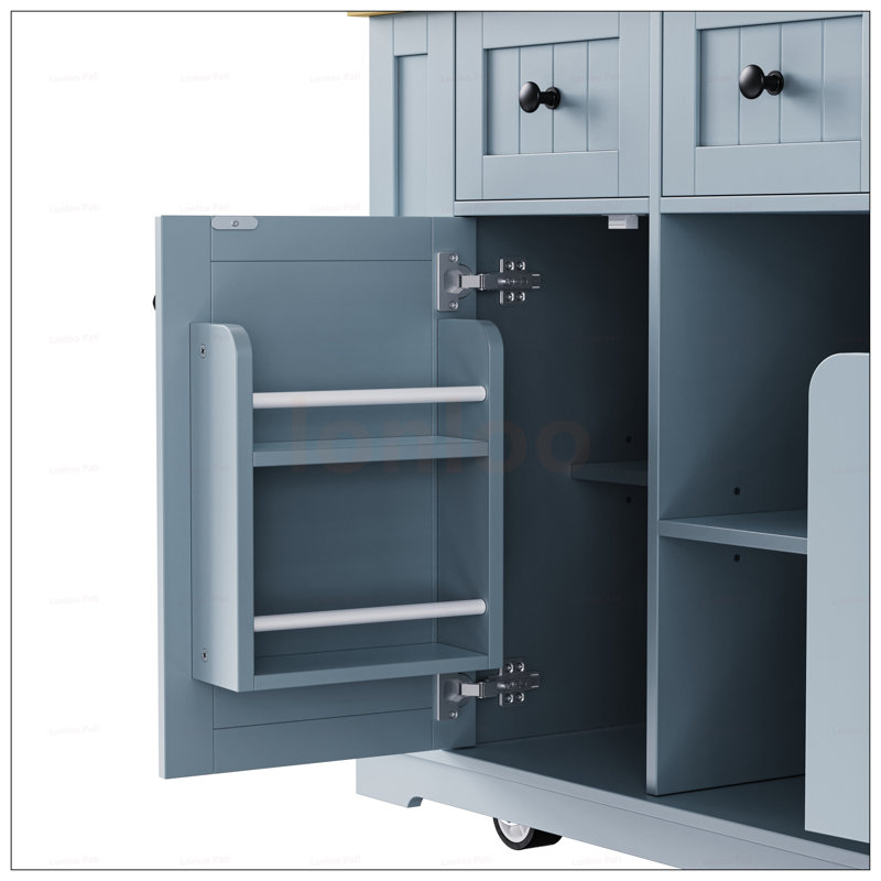 Large Kitchen Island With Storage, Power Outlet, And 2 Bar Stools On 5 Wheels For Enhanced Mobility And Functionality