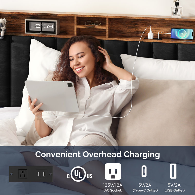 Upholstered Bed Frame with Headboard-Storage Headboard with Smart LED Lights and USB Charging Station,Noise Free,No Box Spring Needed