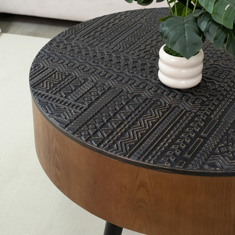 Table basse ronde sculptée avec espace de rangement, table d'appoint Mid-Century moderne en bois pour le salon