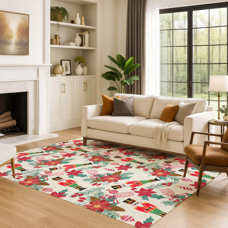 Premium Machine Washable Dockside AMF1822 Nutcracker and Poinsettia Rug, Rectangle 9' x 12'