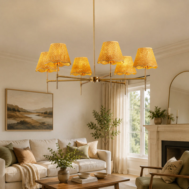 Lustre 8 lumières boho en rotin, style industriel Aylianna, 8 lumières