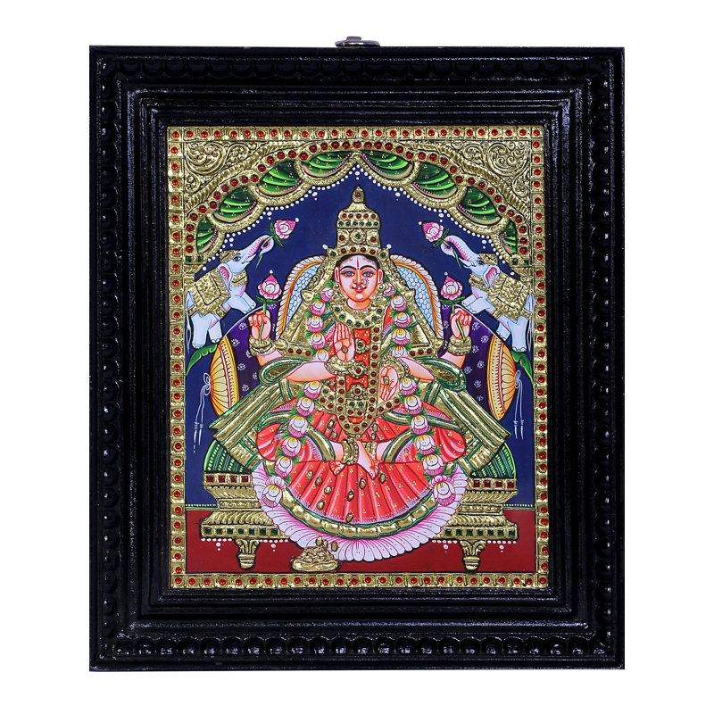 Déesse Gajalakshmi Tanjore, peinture | Couleurs traditionnelles avec or 24 carats | Structure en bois de teck | Fait à la main