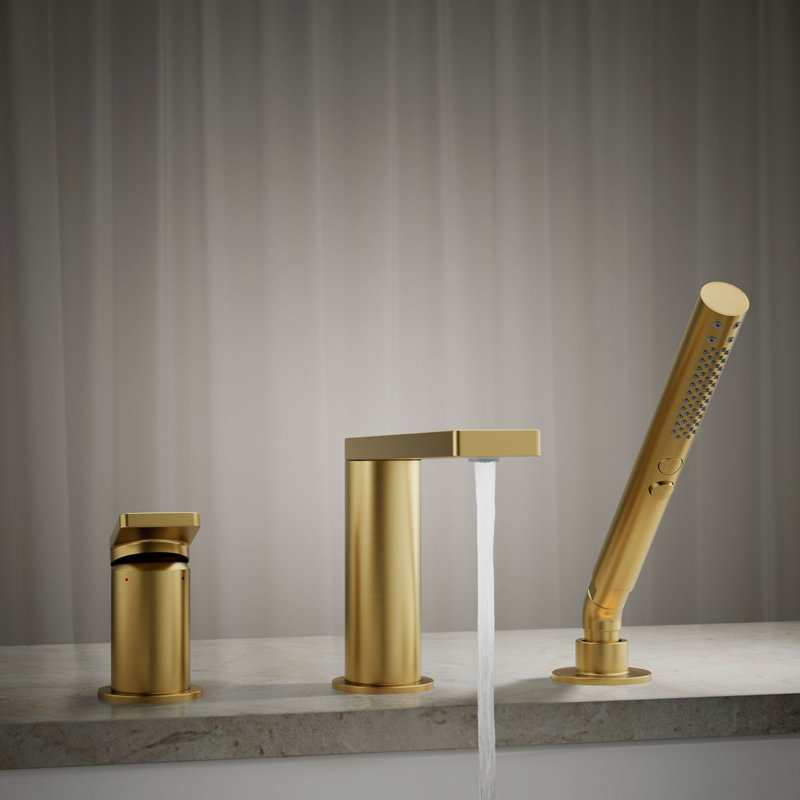 Composed Deck-Mount Bath Faucet With Handshower, Vibrant Brushed Moderne Brass