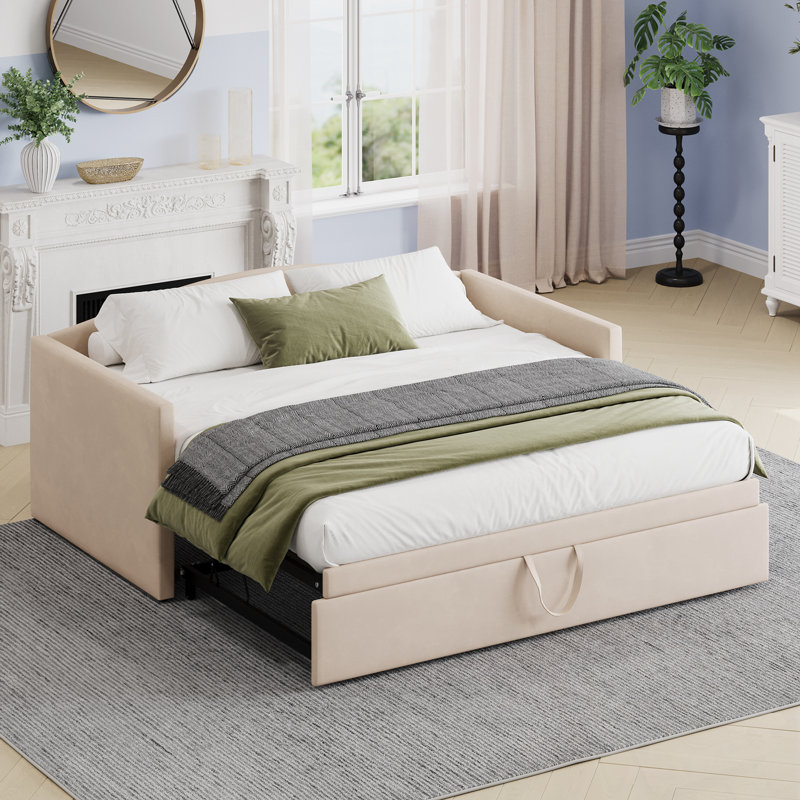 Lit de jour simple avec lit gigogne allongé, Beige