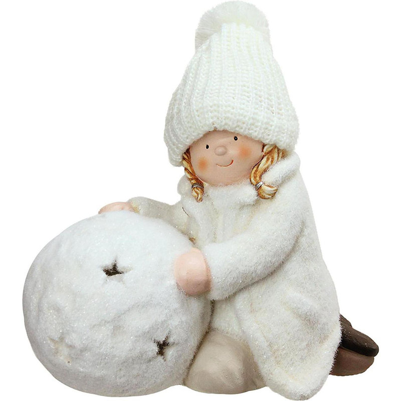 bougeoir de Noël en forme de boule de neige blanche 12,5 "avec une fille agenouillée