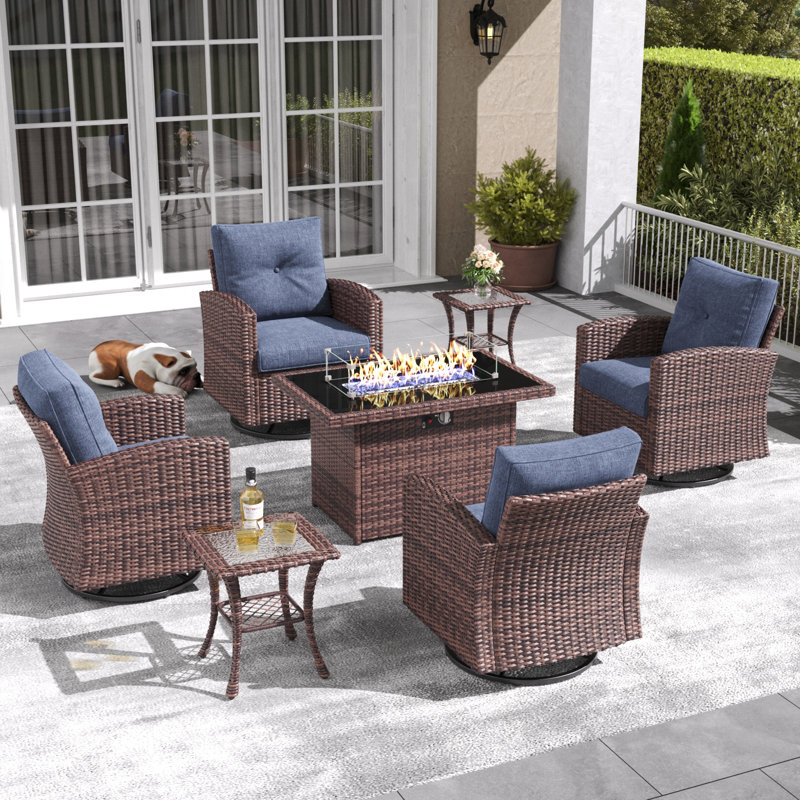 Lark Manor™ 7 Pieces Patio Furniture Set with Swivel Chairs, Rattan Wicker Rocking Glide Chairs with 44" Propane Gas Fire Pit Table Conversation Set