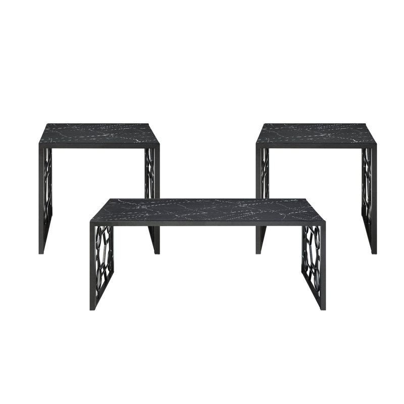 Modern 3-Piece Occasional Table Set Black Cocktail Table End Tables Marble-Print Tempered Glass Top