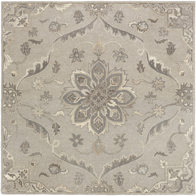 Tapis gris / beige en laine touffeté à la main Elko, Carré 9 pi 9 po