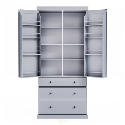 Spacious Farmhouse Kitchen Pantry with 3 Adjustable Shelves, 8 Door Shelves, and 3 Drawers for Efficient Storage and Organization