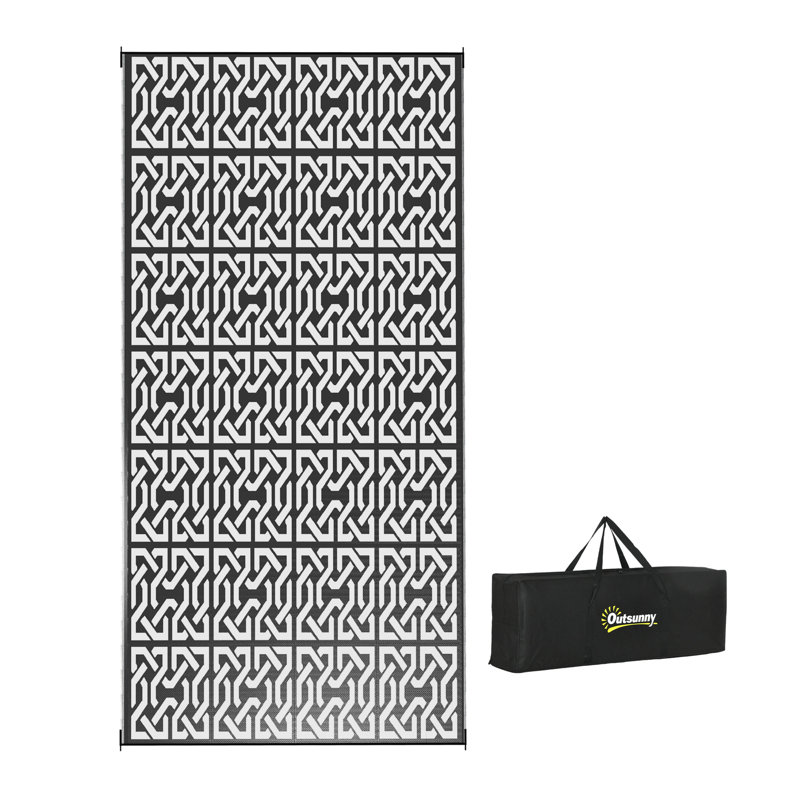 Reversible Outdoor Rug, Waterproof Plastic Straw Floor Mat, Portable RV Camping Carpet with Carry Bag, Large Floor Mat for Backyard, Deck, Picnic, Beach, Black & White Chain