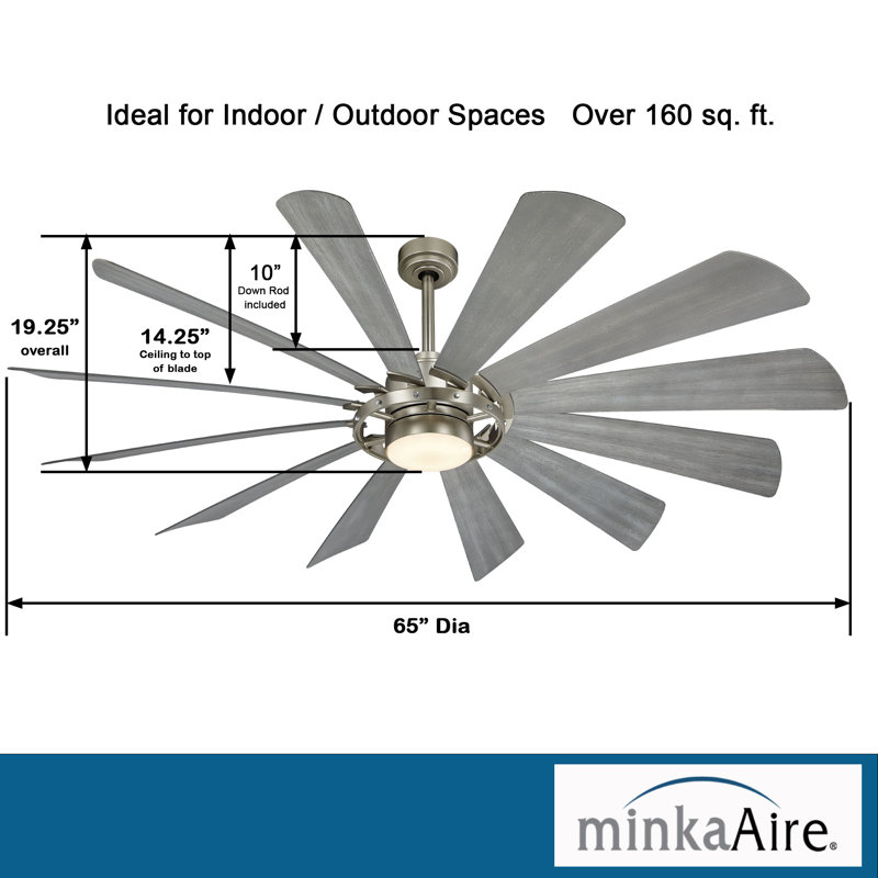 65" 12 - Blade Outdoor LED Smart Standard Ceiling Fan with Remote Control and Light Kit Included, Brushed Steel