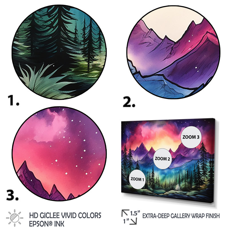 «Mauve Aurora Borealis Mountains II - Winter Mountains», art mural, Cadre d'angle fermé noir, H 34 po x l 44 po x P 1,5 po