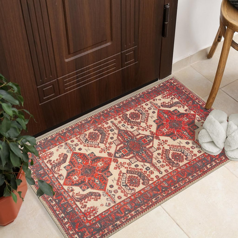 GLN Rugs Vintage Collection - Machine Washable Area Rug, Vintage Washable Rug, Non Slip Area Rug, Low Pile Living Room Rug, Bedroom Rug, Bathroom Rug - Easy Clean (Red and Black Rug)