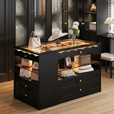 Vitrine à bijoux vintage en bois massif avec plateau en verre, vitrine à plusieurs niveaux et tiroirs de rangement