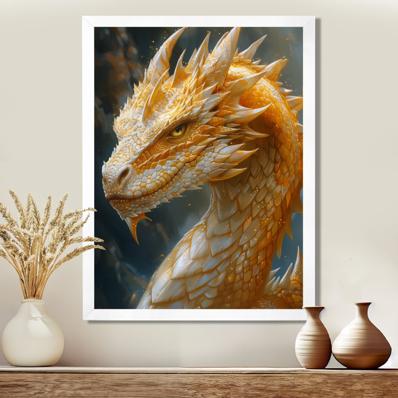 Reproduction d'art jaune et blanc avec griffes dorées et dragon, Toile argentée avec cadre flottant
