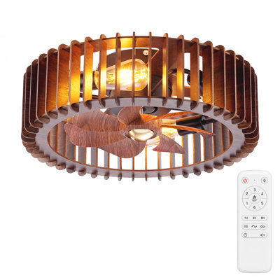 20" Wooden Fandelier Ceiling Fan with Light and Remote,Flush Mount Caged Ceiling Fan with 6-Speed Reversible DC Motor(No Bulbs)