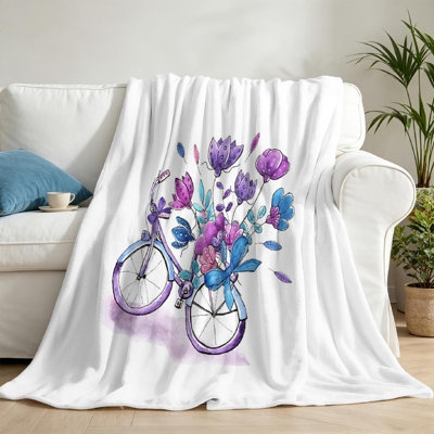 Jeté transparent en flanelle de polaire ultra douce, bicyclette aquarelle avec imprimé recto