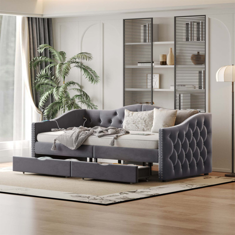 Upholstered Daybed With 2 Storage Drawers And USB Charging, Velvet Sofa Bed For Living Room And Bedroom, No Box Spring Needed