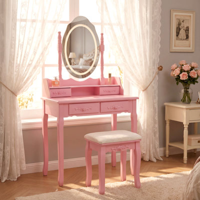 Ensemble de coiffeuse avec miroir et tabouret rembourré Pink Princess