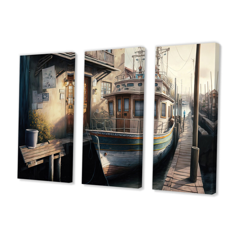 Rustic Port With A Fishing Boat IV " Rustic Port With A Fishing Boat IV " 3 - Pieces, 28" H x 36" W x 1" D, Wrapped Canvas