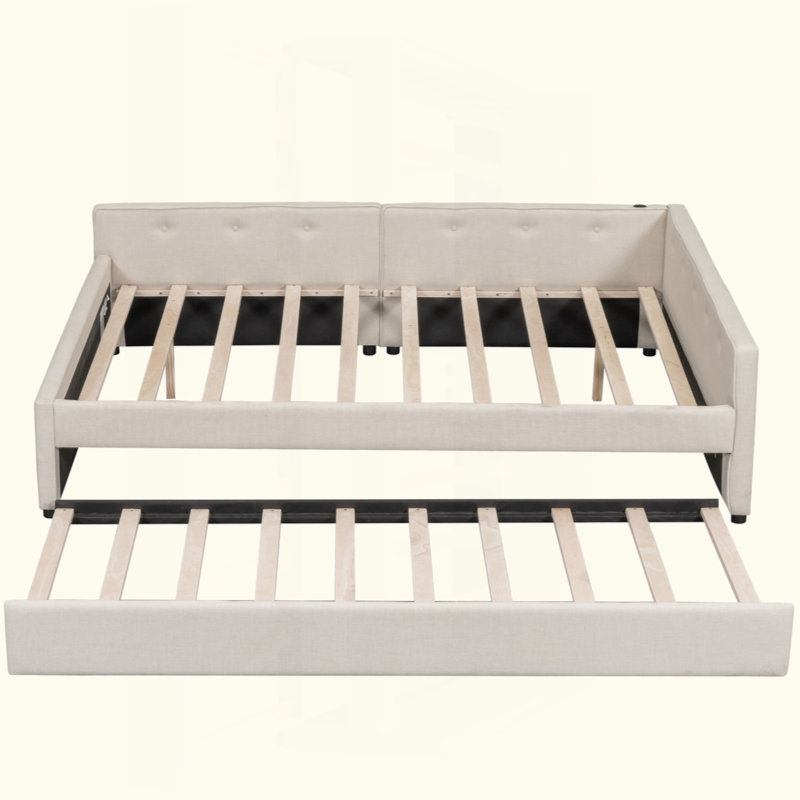 Lit plateforme tapissier avec port USB et lit gigogne simple