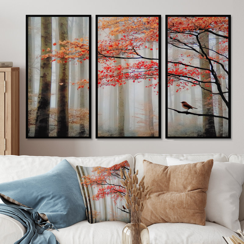 Forêt d'automne matin rosée au Québec - Ensemble de décoration murale forêt, 28" H x 36" W, Reproduction avec cadre flottant
