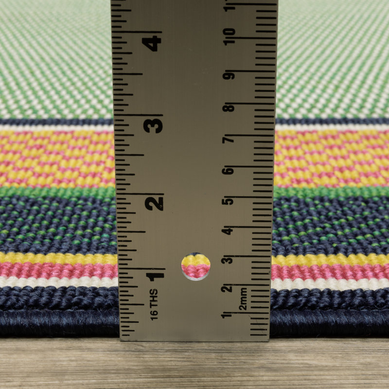 Sherley Preppy Stripe Border Green/ Navy Indoor-Outdoor Area Rug, Rectangle 3'3" x 4'12"