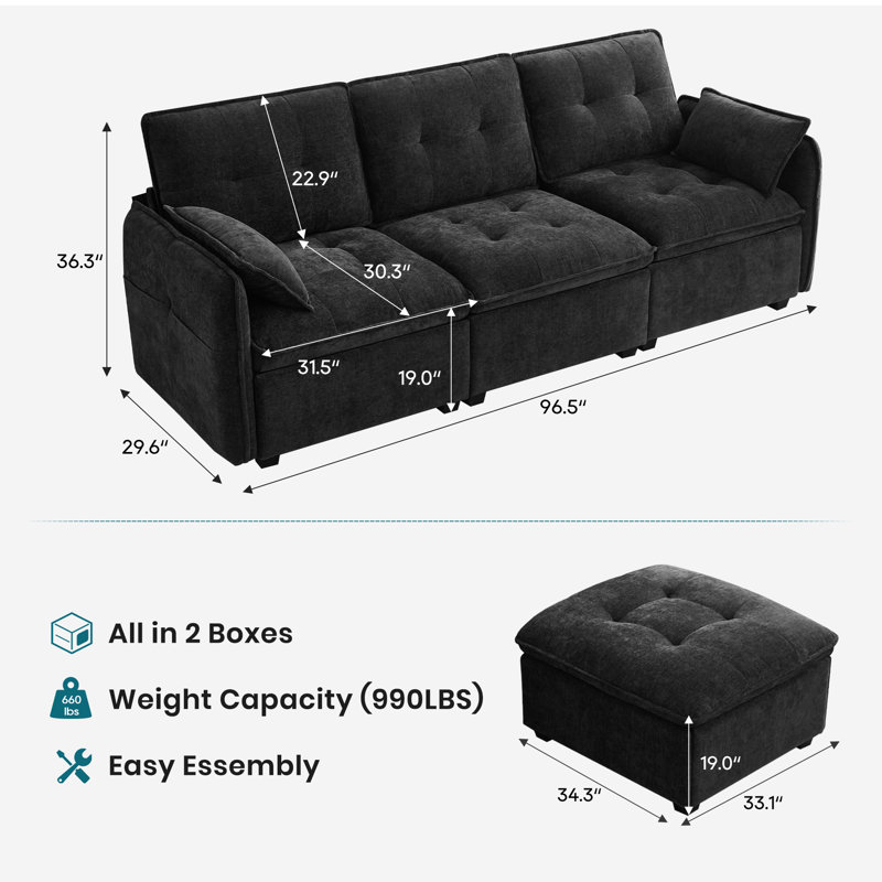 Canapé modulaire en L de 96 po avec repose-pieds mobile, siège très profond de 30 po, chenille résistante aux égratignures pour petits appartements et salons