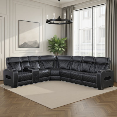 Annitra 128" Modern & Contemporary 3-Piece Faux Leather Power Sectional Sofa with Ultimate Drop-Down Console, Wireless Charging and Dual Power Reclini