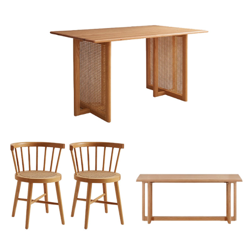 Durable Rectangular Red Oak Rattan Dining Table, 29.13" H x 55.11" L x 33.46" W