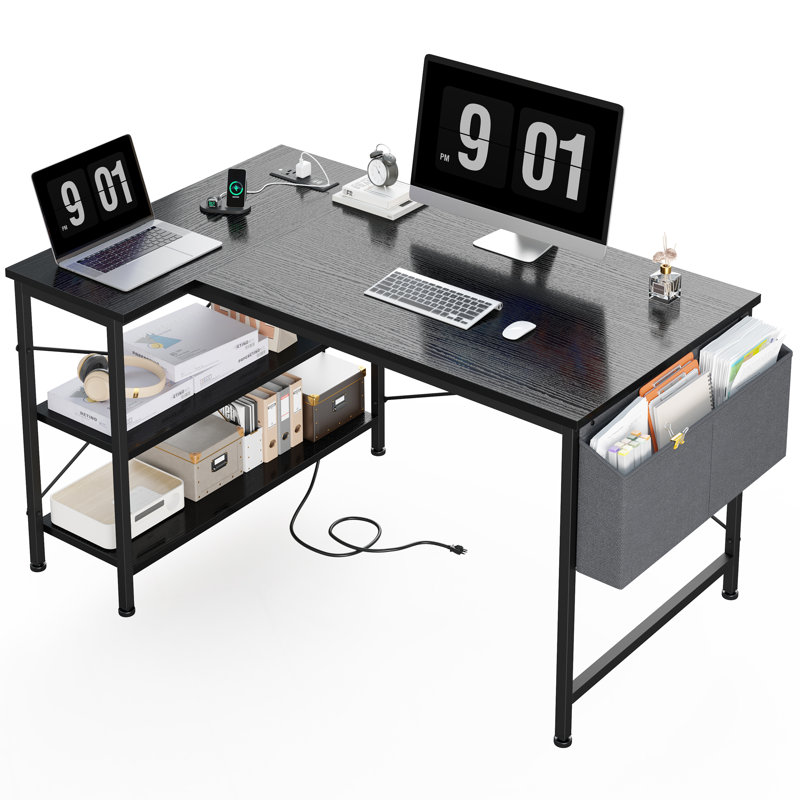 Bureau d'ordinateur en bois manufacturé en L Ciupan avec prise de courant, H 29 po x l 39,4 po x P 27,5 po