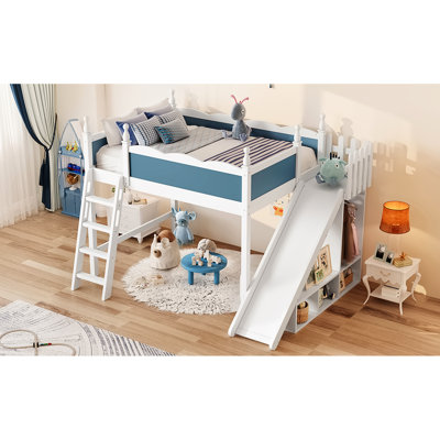 Solid Wood Full Loft Bed With Wardrobe, Removable Slide, And Versatile Under - Area, Blue White Color Size Storage Shelves, Detachable Stable Support Structure, Great For ' Rooms