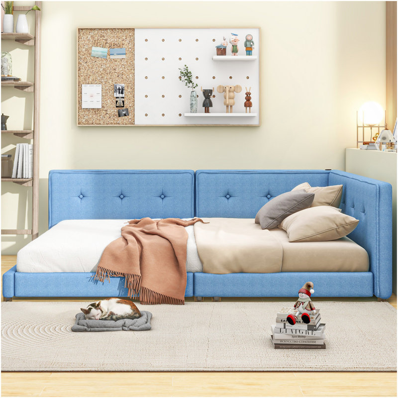 Lit plateforme tapissier grand avec ports USB, beige, Beige, Grand lit