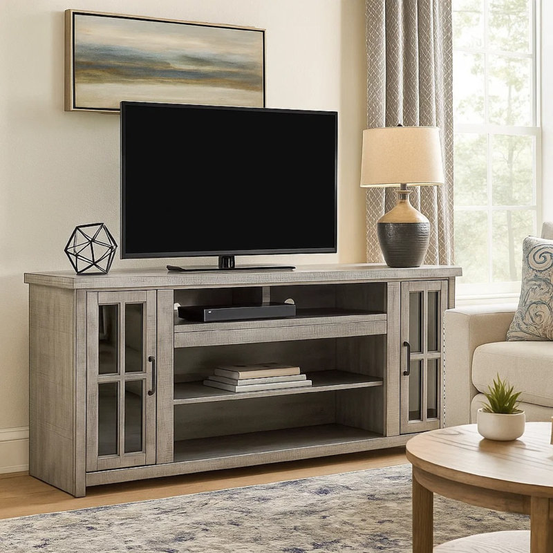 Leyla TV Stand Media Cabinet, 2 Glass Doors, Shelves, Gray Wood 76 Inch, Gray