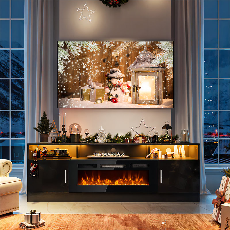 70" TV Stand For TVs Up to 80" With Electric Fireplace and Open Shelves, Black