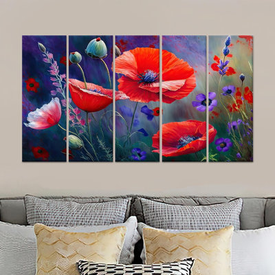 Élégante œuvre d'art imprimée sur toile: art floral coquelicot rouge pour la décoration intérieure, toile tendue 5P