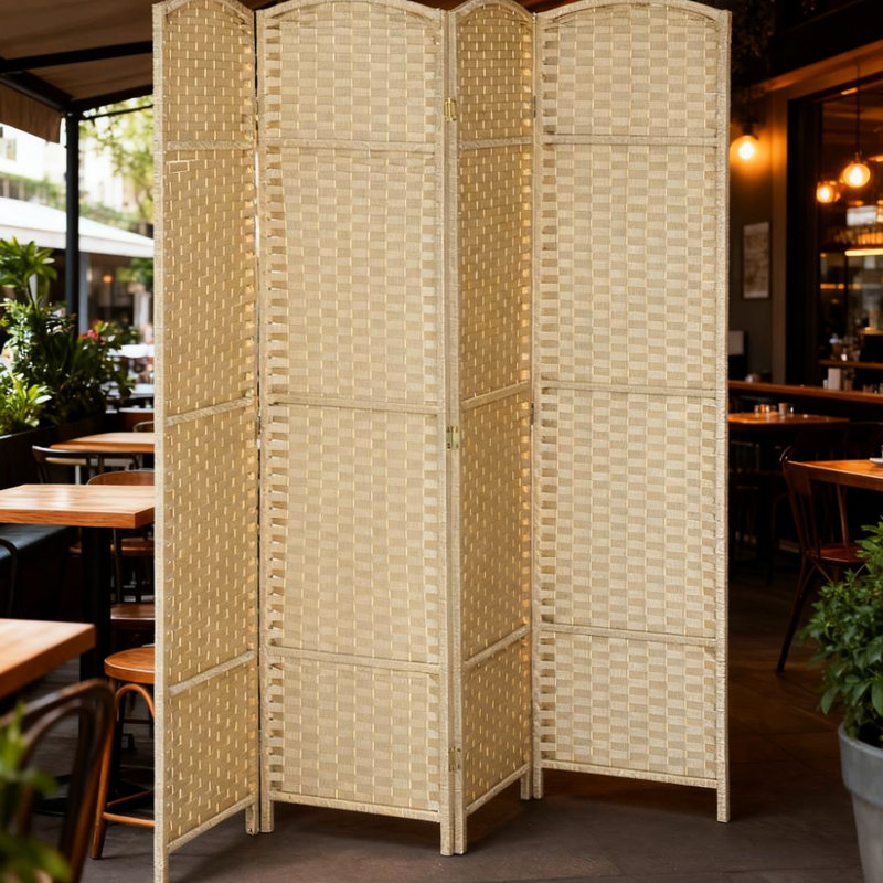 Paravent pliable tissé à la main à 4 panneaux avec dessus arqué, polypropylène et bois de pin, beige, pour un usage professionnel