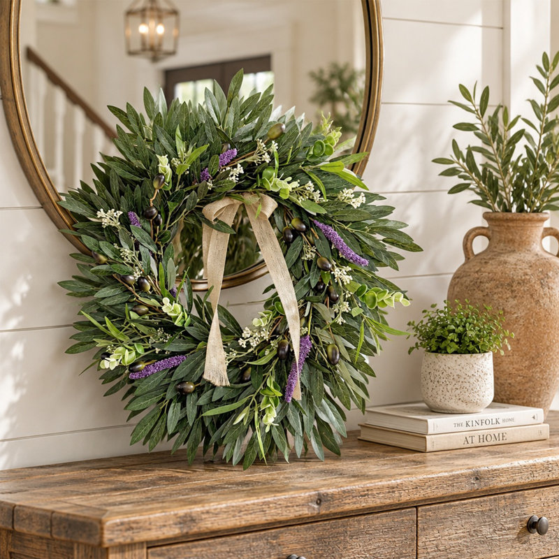 Couronne artificielle 17,72 po olive et lavande avec ruban en toile de jute