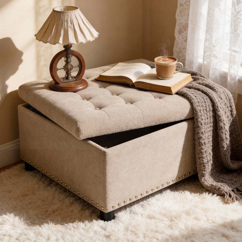 Classic Tufted Storage Ottoman with Nailhead Trim, Spacious Interior, and Versatile Use for Home Decor, Camel