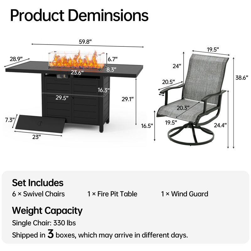7-Piece Outdoor Patio Dining Set, 2-In-1 Fire Pit Dining Table & 360° Swivel Rocking Chair Set