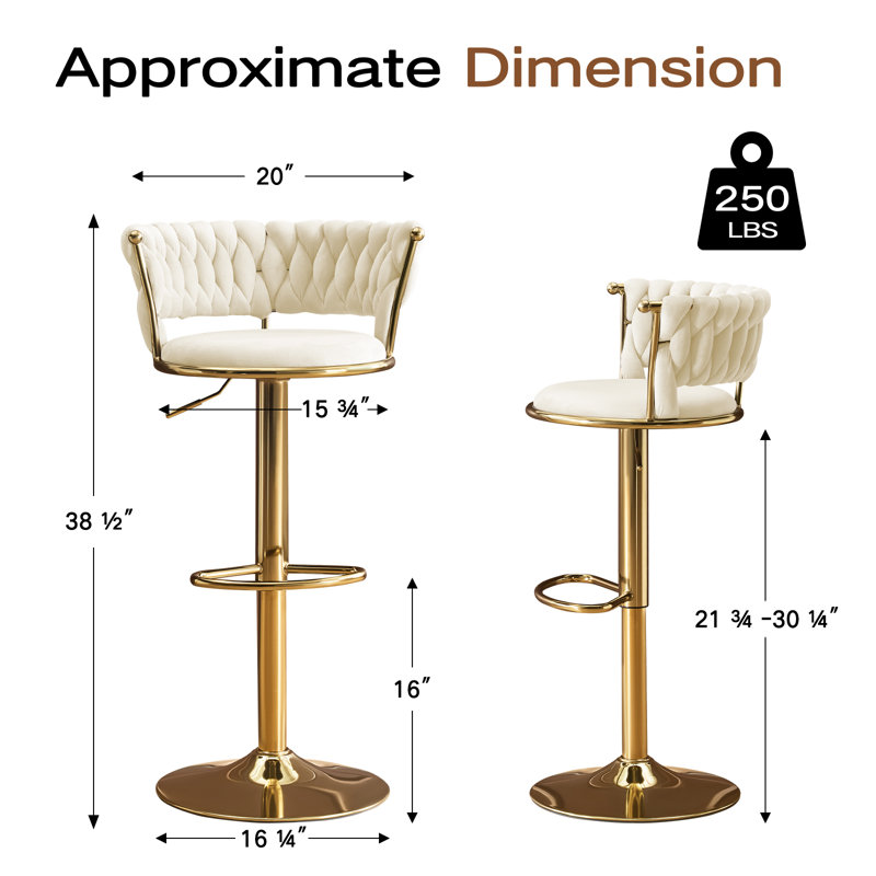 Velvet Swivel Bar Stool Set of 2, Modern Adjustable Height Barstools with Golden Metal Base for Kitchen Island, Beige, Beige