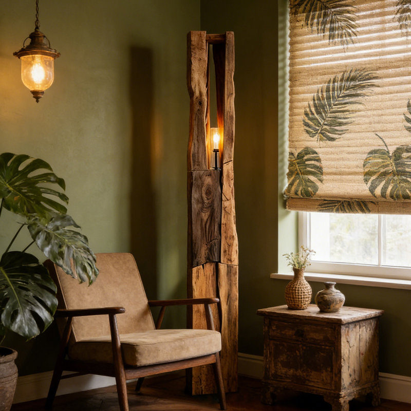 Lampe sur pied rustique en bois massif avec motif naturel