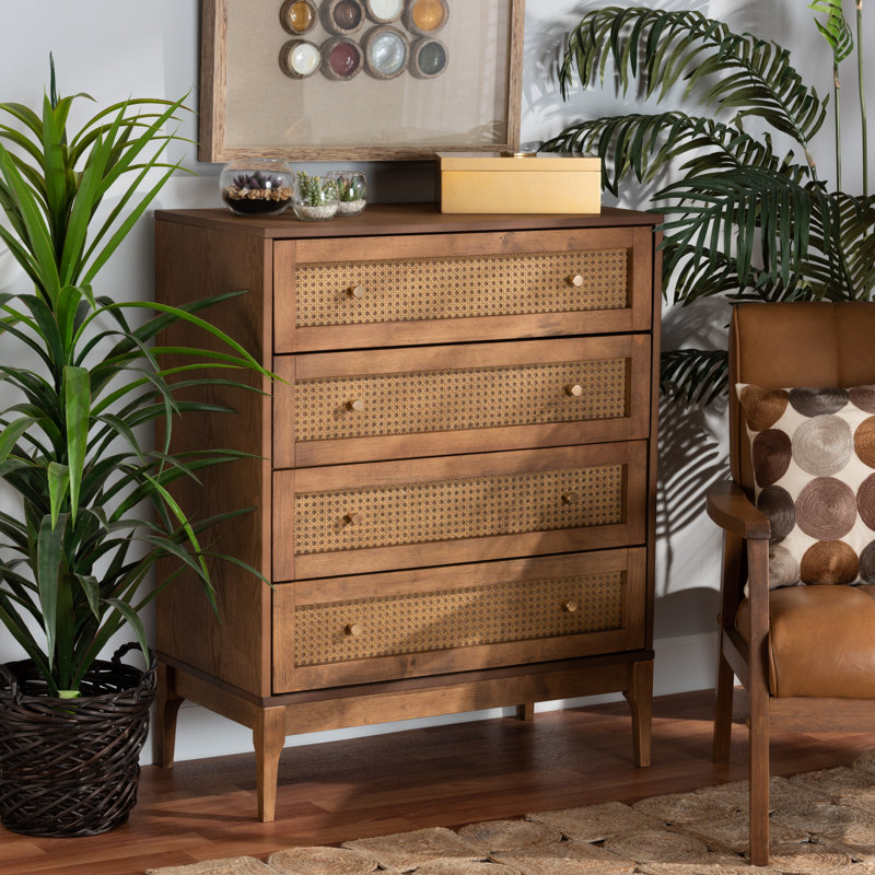 Walnut and Rattan Mid-Century 4-Drawer Chest